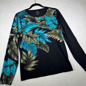 Lands End Womens Tropical Leaf Print Long Sleeve Top Black Turquoise M 10-12
